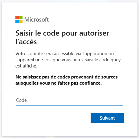 Saisie du code device flow