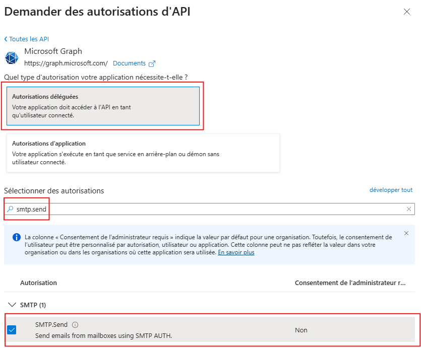 Ajouter l’autorisation SMTP.Send